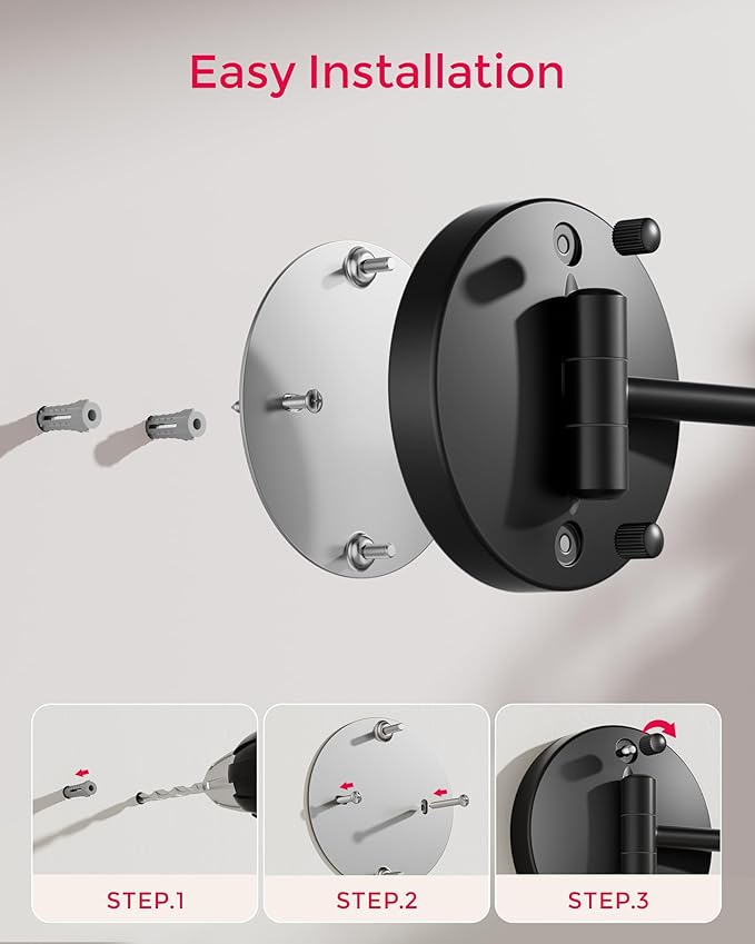 Rechargeable Wall Mounted Makeup Mirror with Lights, 4000mAh Double Sided 1X/10X Magnifying Vanity Mirror with 3 Color Lights, Touch Dimmable, 360° Extension Foldable Arm (Matte Black)