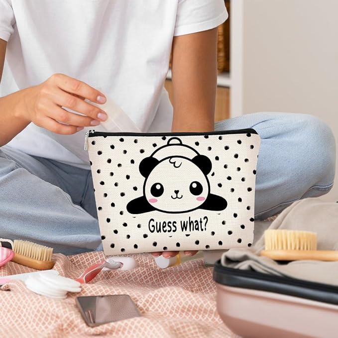 BARPERY Panda Gifts Makeup Bag for Women Girls - Cute Baby Panda 'Guess What It's Pug Butt' Cosmetic Case for Teens Daughter - Accessories (Black and White Dots 1)