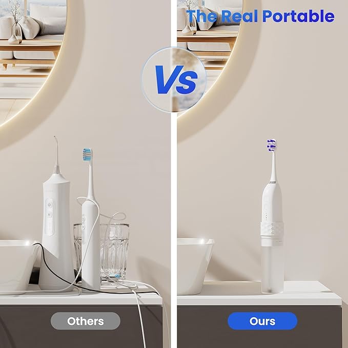 UNINGOPI Portable Electric Toothbrush with Water flosser, 2 in 1 Teeth Cleaning Kit, Electricc, Toothbrush and Water flosser Combo, Travel Toothbrush with Water Bottle(White)