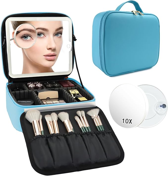 SLUMAZI Travel Makeup Bag with LED Mirror and 10x magnifying glass with 3 Lighted Settings, Adjustable Dividers and Makeup Brush Storage Bag Blue