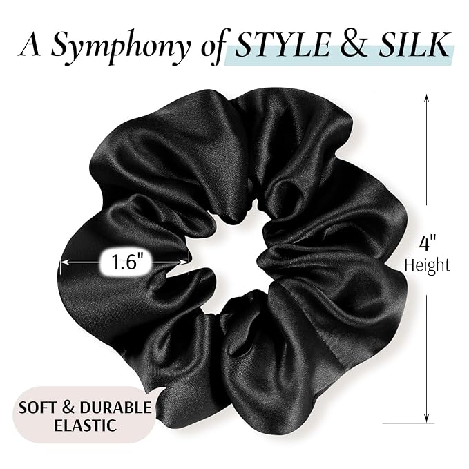 Zenssia Silk Scrunchies for Hair, Mulberry Silk Hair Ties for Women and Girls, No Damage Elastic Ponytail Holders(Black, 3 Pack)