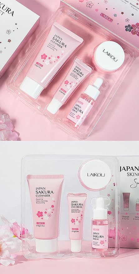 Travel Skincare Kit - Sakura Gentle Daily Face Routine Set for Teen Girls & Women | Hydrating Cleanser, Anti-Aging Serum, Moisturizer, Eye Cream - Radiant Skin Mini Holiday Box Gift (4PC)