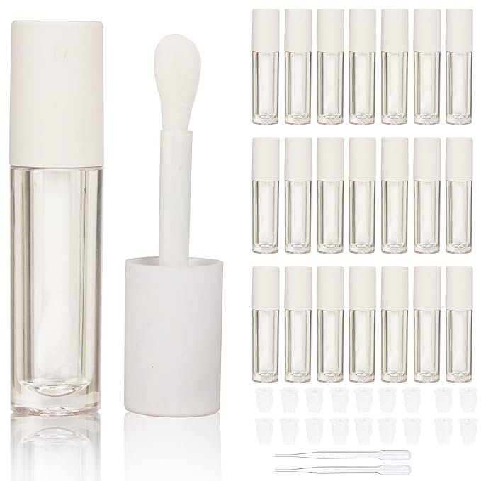COSIDEA 24 pcs Empty 5ml big brush lip gloss tube White round lipgloss tubes container with big doe foot wand