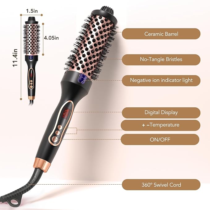 Thermal Brush, 1.5 inch Heated Round Brush Hair Curling Brush for Natural Curl, Straightener and Curler 2 in 1, Negative Ion Technology, 9 Temperature Settings, Dual Voltage for Travel, Black