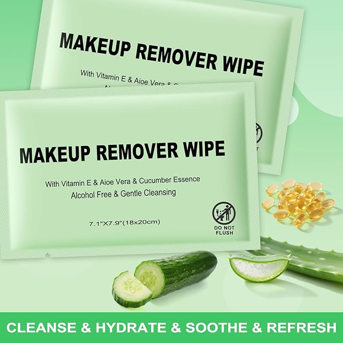 Makeup Remover Wipes Individually Wrapped, 300 Pcs Facial Cleansing Towelette Travel Size, Alcohol-Free, Gentle for Removing Makeup, Oil, Dirt