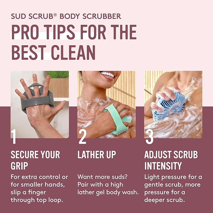 Sud Scrub® Antimicrobial Silicone Body Scrubber, Exfoliating Body Scrubber for Sensitive Skin, Eco Friendly Shower Scrubber for Body, Silicone Body Brush for Showering, Pink