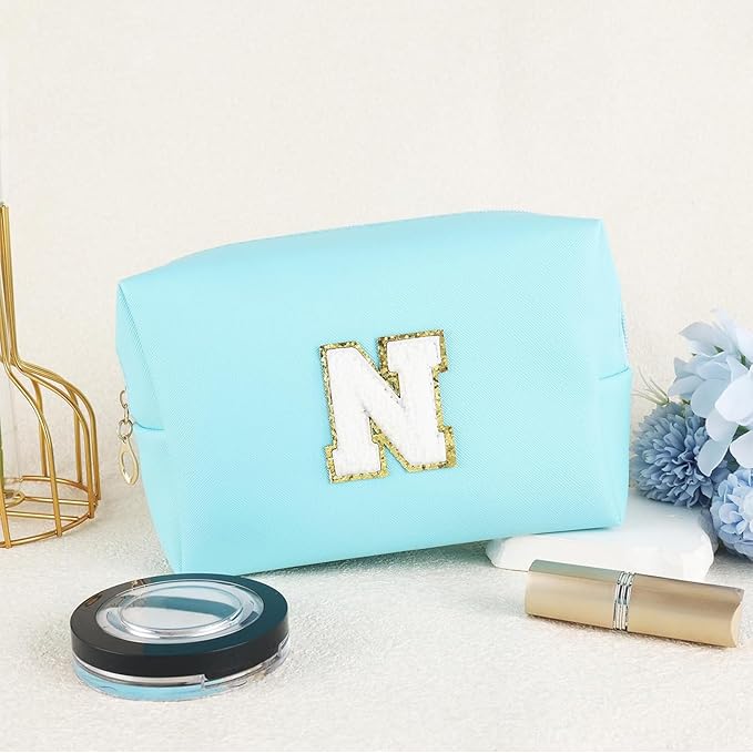 URSKYTOUS Gifts for Girls Initial Makeup Bag Personalized Cosmetic Bag with Zipper Cute Travel Toiletry Bag Waterproof PU Preppy Makeup Pouch Birthday Gift for Teen Girls Women(Blue N)
