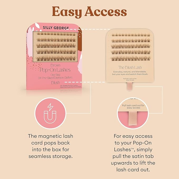 Silly George Pop-On Lashes - DIY 1-Step Pre-Glued Faux Eyelash Clusters, Natural Look Extensions, Light Brown - Blush, 5-7 Pair Set, Pack of 60 Clusters