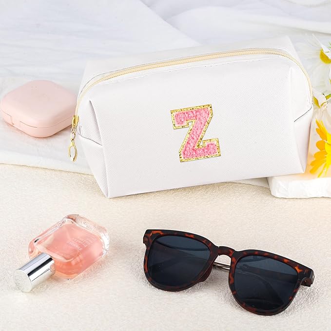 URSKYTOUS Initial Makeup Bag Personalized Preppy Travel Small Cosmetic Bag Cute PU White Chenille Letter Makeup Pouch for Purse Waterproof Zippered Toiletry Organizer for Women Girls Kids Friends (Z)