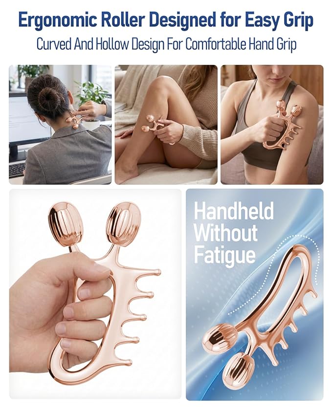 Gua Sha Facial Tools, 3-in-1 Gua Sha & Roller & Comb Set, Upgraded No-Slip Textured Guasha, Metal Lymphatic Drainage Massager for Skin Tightening & Face Sculpting, Skincare Gift for Women (Rose Gold)