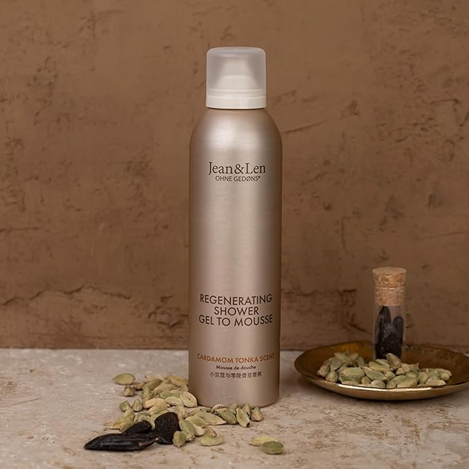 Jean & Len Shower Soufflé Cardamom & Tonka, almond, jojoba and babussa oil, for a fragrant cleansing experience, for normal to dry skin, shower foam, without parabens & silicones, vegan, 6.76 Fl. Oz.