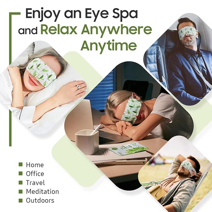 BeHoomi 20 Packs Steam Eye Mask, Heated Eye Mask Warm Compress for Eyes, Disposable Self Heating Steam Mask Sleep, Spa, Travel Essentials & Relaxation Gifts for Women, Stocking Stuffers (Green Tea)