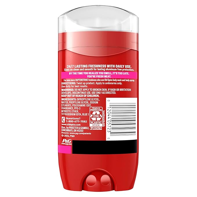 Old Spice Aluminum Free Deodorant for Men, 24/7 Odor Protection, 24/7 Freshness & Lasting Scent, Goes on Clear, Raptorstrike with Dark Berry Scent, 3.0 oz (Pack of 3)