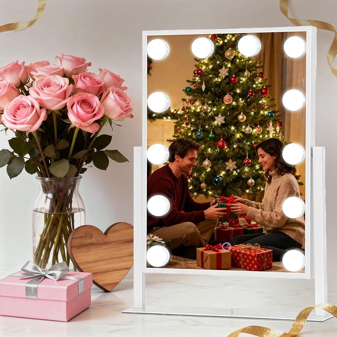 Hollywood Vanity Mirror with Lights, 14" x 19" Lighted Makeup Mirror with 3 Color Lights & Adjustable Brightness, 360° Swivel, Women's LED Mirror for Bedroom College Dorm for Desk