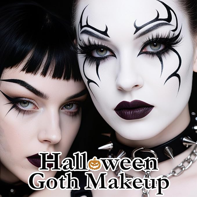 Halloween Goth SFX Makeup Kit, Complete Gothic Makeup Set Include White Liquid Foundation, Eyeliner, Setting Powder, Eyeshadow & Black Lipstick for Halloween Cosplay, Carnival, Theater