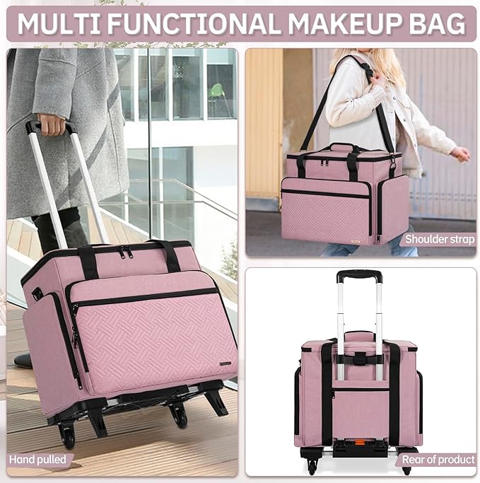 FREEAMG Extra Large Rolling Makeup Case with 4 Removable Pouches,Professional Make up Train Case with Wheels,Travel Cosmetic Bag for Hairstylists Nail Tech Makeup Artist with Detachable Trolley