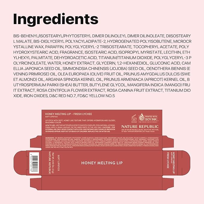Nature Republic HONEY MELTING LIP (07 LYCHEE) SOFT LIP STICK, Hydrating Gloss, Moisturizing balms, Sheer tint, Shine & Glowy Finish, korean make up