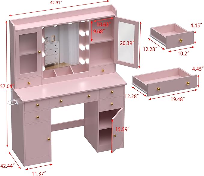 Vanity Desk with Mirror and Lights, 43" Pink Makeup Vanity Set with 5 Drawers & Glass Cabinets, Makeup Tray, Power Outlet & Adjustable LED Lights, Dressing Table for Women & Girls Bedroom
