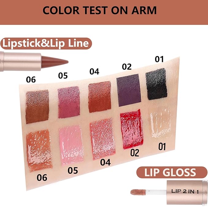 Lip Liner Gloss Lip Combo Sets Kit,Nude Brown Lip Liner and Brown Gloss Set, lip combo sets for black women, High Pigmented Long Lasting Plumping Lip Gloss Lipstick Waterproof Lip Combo 06