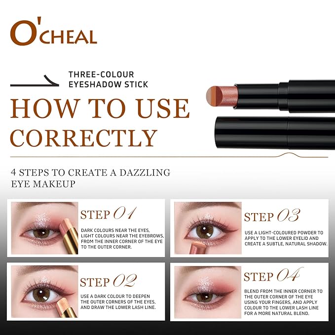 O'CHEAL Three Color Gradient Eyeshadow Stick Matte Shimmer Waterproof Long-lasting Crease-proof & easy to apply, suitable for dailymakeup touch-ups,Eye shadow pen for Make Up 03#Fine Glitter Orange