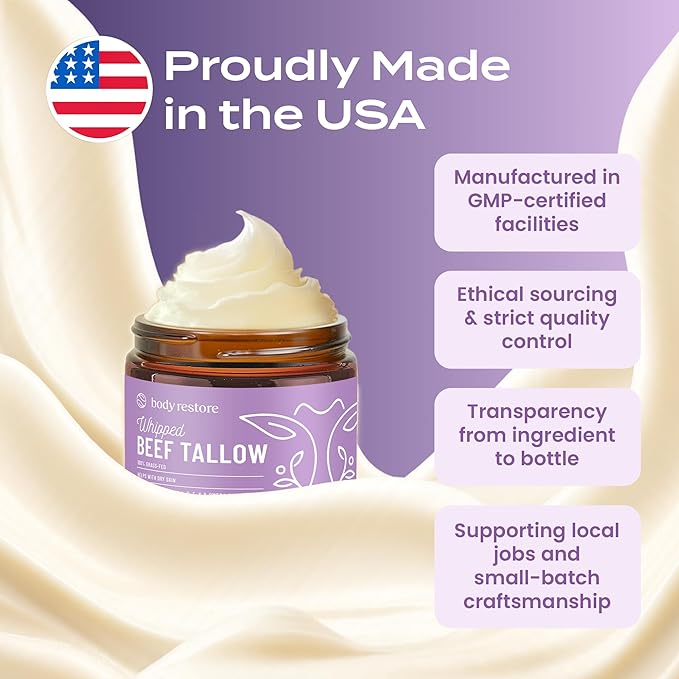 Body Restore Grass Fed Whipped Beef Tallow for Dry Skin, Face – Manuka Honey, Jojoba Oil, Valentines Day Gifts for Her and Him, Birthday Gifts for Women and Men, Travel Essentials – Lavender