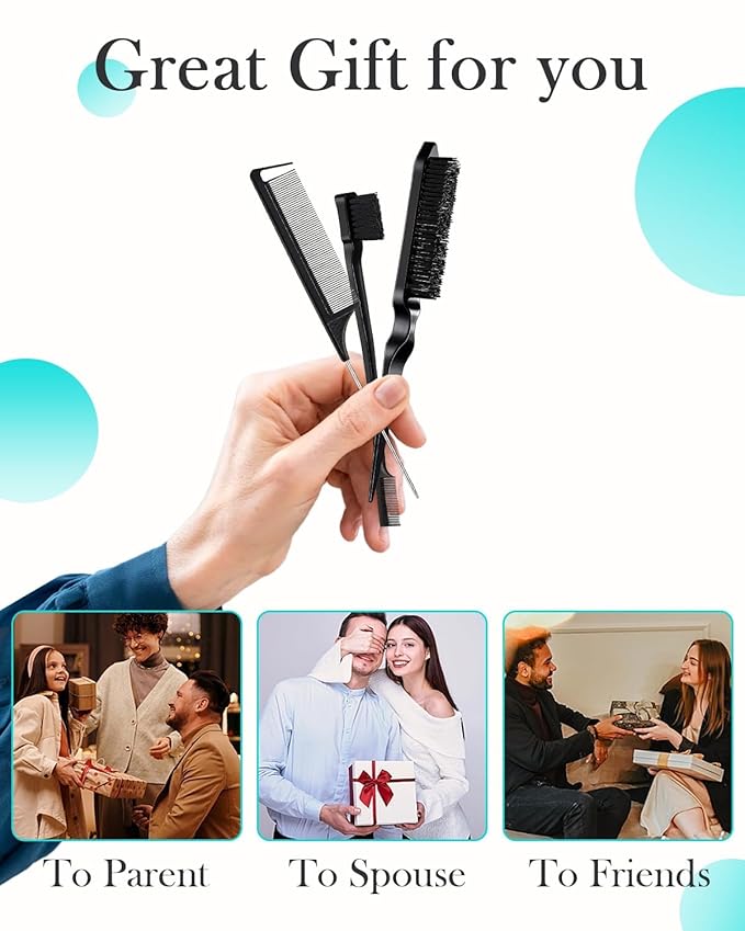 Boar Bristle Slick Back Hair Brush, Rat Tail Comb Set - Soft Bristle Smoothing HairBrush for Women & Men with Fine/Medium Hair - Wooden Teasing Brush - Tames Frizz, Sleek Flyaways, Style Edges