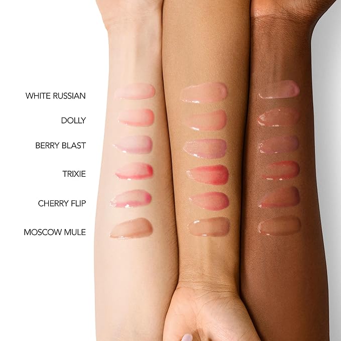Buxom Full On Glossy Lip Oil in White Russian Power Line Plumping Lip Liner in Hush Hush Henna