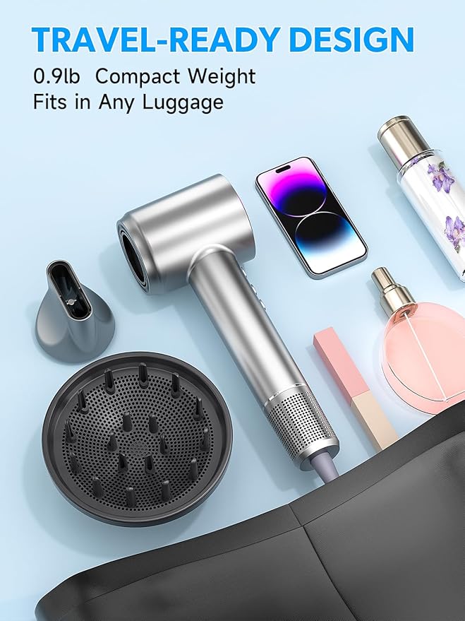 2026 Hair Dryer, Blow Dryer with Diffuser - 200,000 RPM High-Speed Ionic Technology for Women and Man, 1200M Negative Ions & Brushless Motor, Low Noise Design with Magnetic Nozzle Attachments (Silver)
