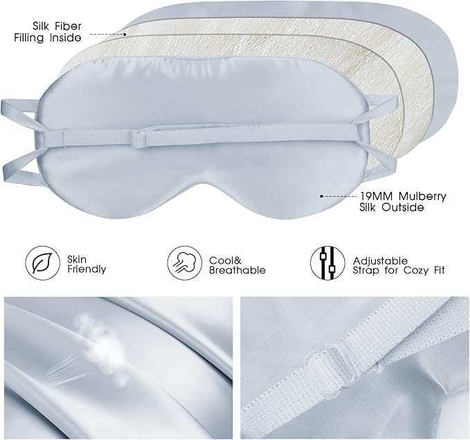 SILKTALE Silk Eye Mask for Sleep with Adjustable Strap for Women/Men/Adults Large 100% Mulberry Silk Sleeping Mask for Travel/Plane/Side Sleeper,Light Blue