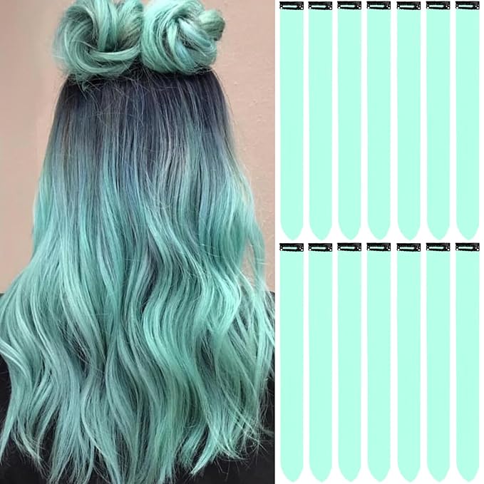 Colored Hair Extensions 14 PCS, 22 In Mint Green Clip in Hair Extensions St Patricks Day Party Highlights, Light Teal Synthetic Hairpieces for Girls Women Kids Cosplay Gift(Light Green)