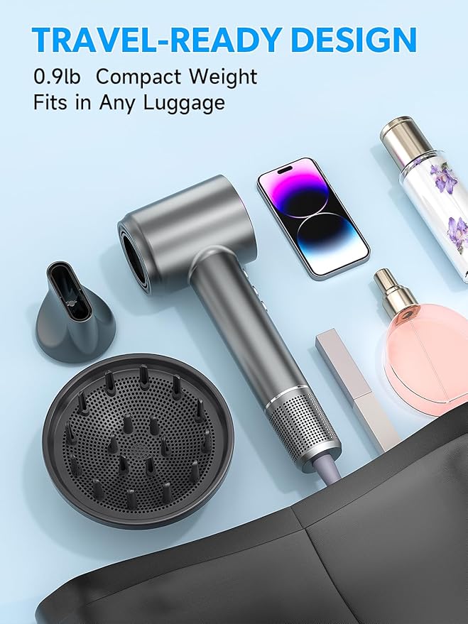 2026 Hair Dryer, Blow Dryer with Diffuser - 200,000 RPM High-Speed Ionic Technology for Women and Man, 1200M Negative Ions & Brushless Motor, Low Noise Design with Magnetic Nozzle Attachments (Gray)