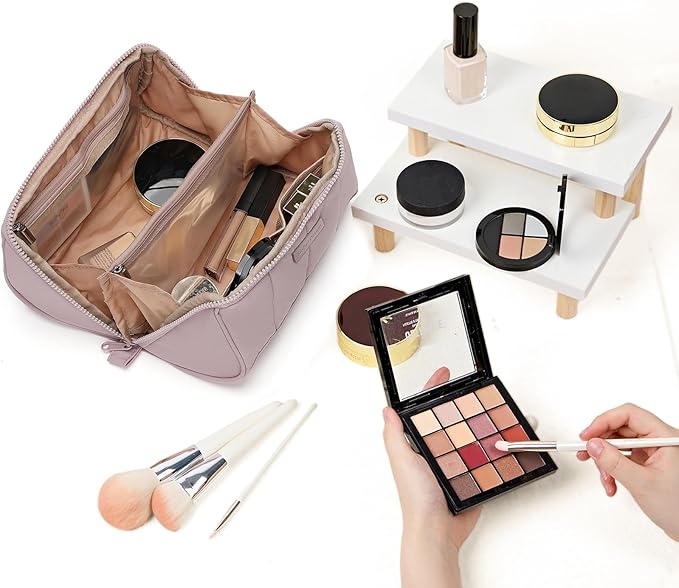 NISHEL Travel Makeup Bag for Women, Fluffy & Lightweight Open Flat Cosmetic Organizer with Multiple Functional Divider for Brush Independent Storage, Handle for Easy Portability, Peach-Pink