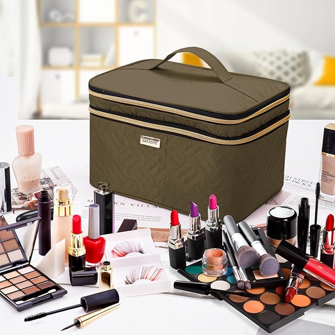 BAFAMYE 8.8L Double Layer Travel Makeup Bag With Mirror For Women, Large Cosmetic Case, Organizer for Travel-Size Accessories Bottles, Brushes,and Skin Care Products, 2.33 GAL, Brown…