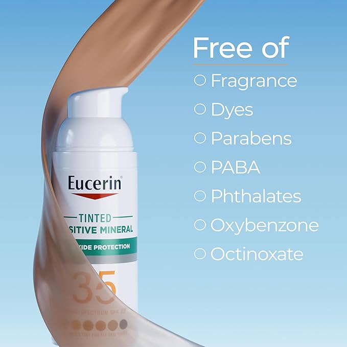 Eucerin Sun Tinted Sensitive Mineral Face Sunscreen Lotion SPF 35, Non-Comedogenic Mineral Sunscreen with Gentle Zinc Oxide Protection for Sensitive Skin, 1.7 Fl Oz Bottle