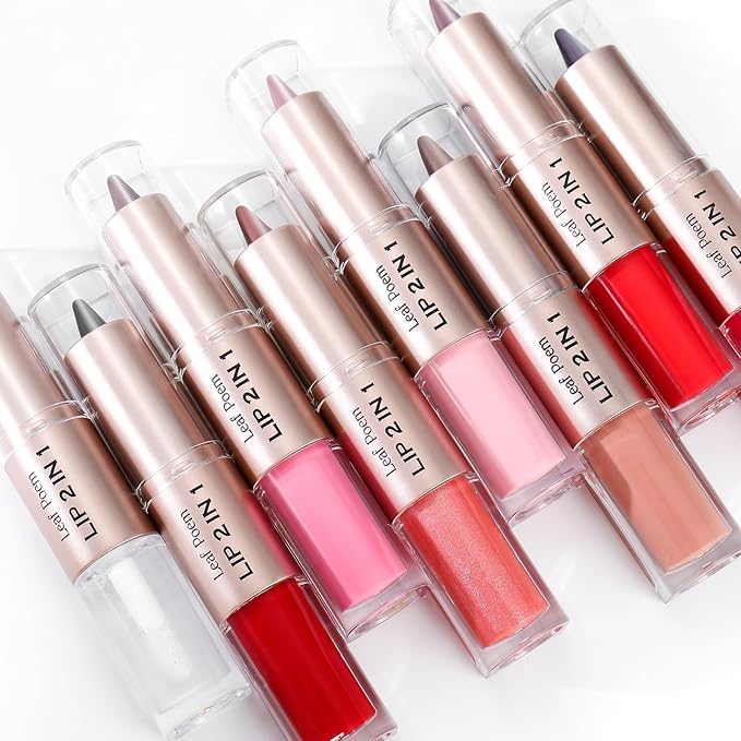 2-in-1 Double-Ended Matte Lip Liner & Lip Gloss Duo, Warm Rose Red Ombre Lip Combo Pencil, Lip Liner and Lipstick Gloss Set for Defined & Fuller Looking Lips (#10 Warm Rose Red Ombre)