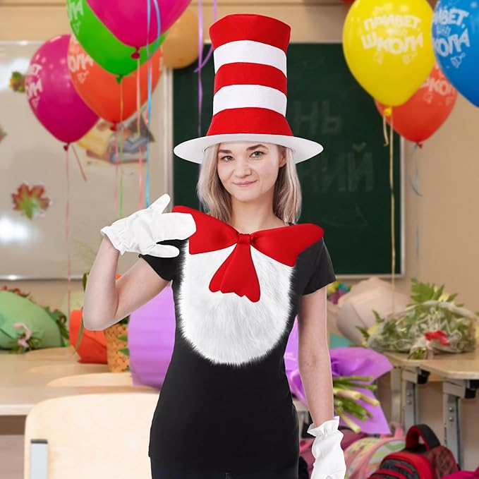 5 Pcs Hallowen Costume Accessories,Red White Striped Hats/Red Bow/White Furry/White Gloves