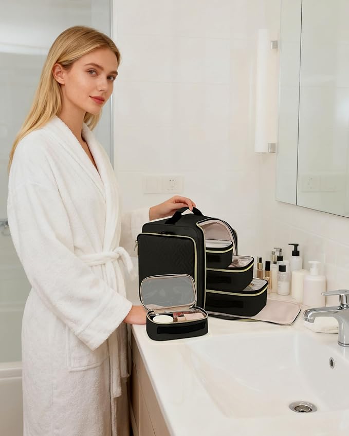 BAFAMYE Large Travel Makeup Bag - Cosmetic Organizer with 4 Removable Inner Pockets, Multi-functional Toiletry Bag for Accessories & Brushes, Women's Beauty Case, Black