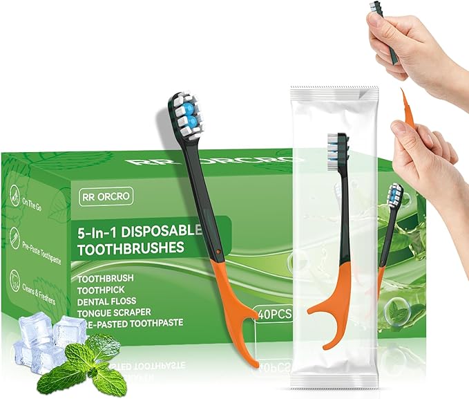 40Pack Disposable Toothbrushes with Toothpaste + Pick + Floss + Tongue Scraper 5-in-3 Mini Prepasted Travel Toothbrush for Hotel Camping Flight Car Single Use Portable Individually Wrapped | Mint