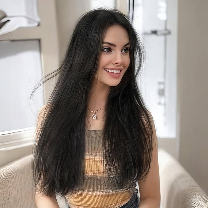 Natural Black Straight Hair Extension Clips 18 Inch Long Invisible Thick Synthetic Clip in Extensions 5PCS Soft and Easy Installation Hairpieces for Women Girls Weddings Party Daily Use 6.5 Oz