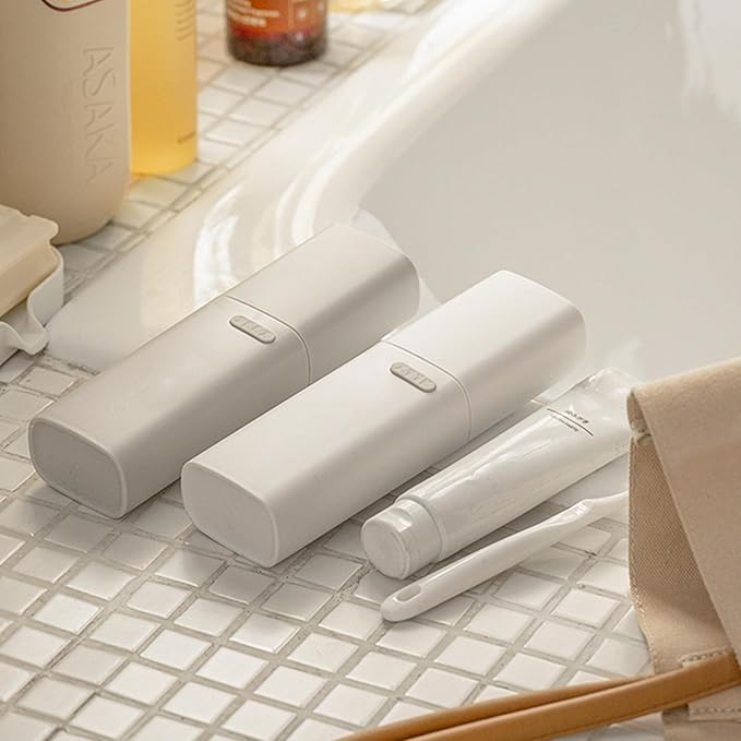 Ventilated Compact Grey Toothbrush Travel Case, Portable Toothbrush & Toothpaste Holder Cover Organizer Container with Mouthwash Cup for School, Camping, Business Trip, Bathroom Storage