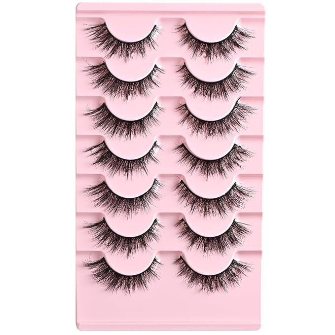 FARRED False Eyelashes Natural Wispy Lashes Short Cat Eye Strip Lash 7 Pairs Thin Band Cateye Fake Eyelash Medium Length Volume Pestañas Set for Hooded Eyes (A16 | 7-14MM)