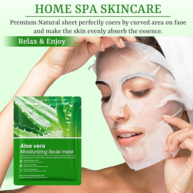 Aloe Vera Face Masks Skincare Soothing & Hydrating Face Masks Aloe Face Mask for Dry, Oily, Sensitive Skin, Aloe Sheet Masks for Sunburn Relief and After Sun Care, 10 Pack, Valentine's Day Gift