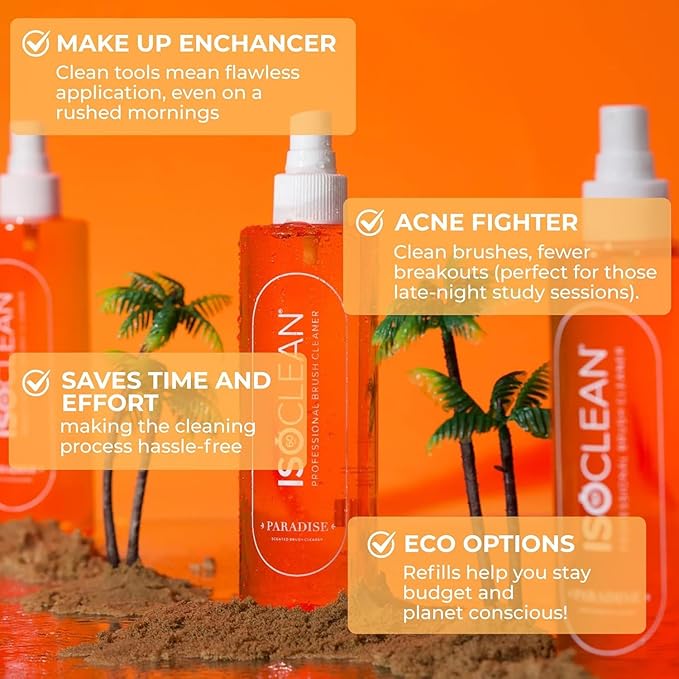 ISOCLEAN Professional Brush Cleaner 3 fl oz - Paradise - Makeup Brush Cleaner for Cosmetic Tools, Cleans Bristles, Scented No-Rinse Formula Dries in 60 Seconds, Vegan, Not Tested on Animals, Spray Top