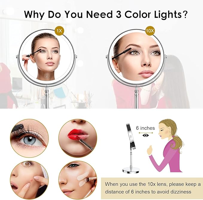 Lighted Makeup Mirror, 3000 mAh Rechargeable Double Sided Magnifying Mirror with 3 Colors, 1x/10x 360° Rotation Vanity Mirror, Brightness Adjustable Magnification Cosmetic Light up Mirror, Women Gift