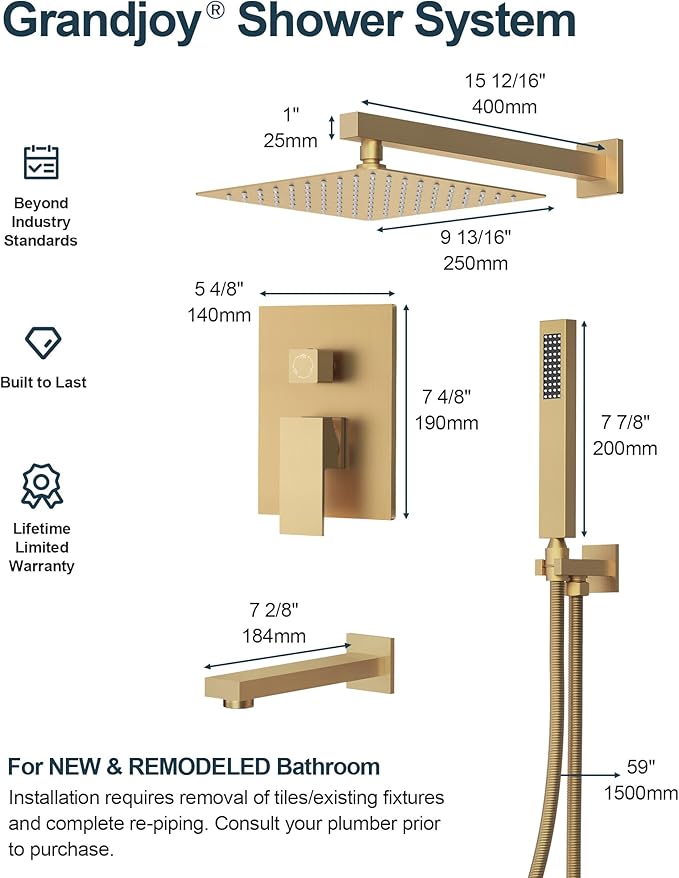 GRANDJOY 10" Shower Faucet Set with Tub Spount, High Pressure Rainfall Shower Head and Handheld Sprayer Combo, Bathroom Tub Shower Faucet Set, Brushed Gold