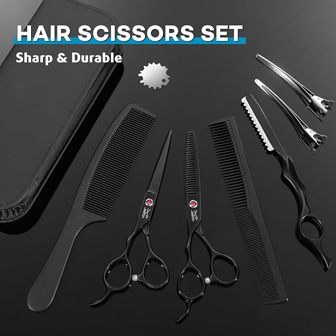 JASON Left Handed Hair Scissors - 10 Pcs Hair Scissors Set, 6 Inch Thinning Shears for Hairs Cutting with 30 Teeth, Professional Straight Shear for Men & Women Barber Set for Home Salon Black Gift