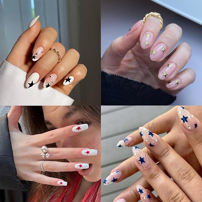 8Sheets Glitter Independence Day Stars Nail Art Stickers 3D Self Adhesive Shiny Glitters Starlight Nail Decals 4th of July Holographic Pentagram Design Decal for Woman DIY Manicure Decoration