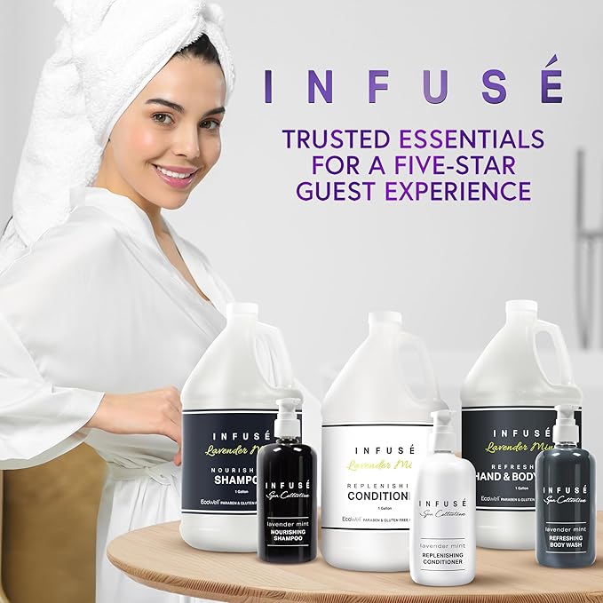 Infuse Lavender Mint Gallon & Dispenser Set | 1-Shoppe Amenities Kit | Shampoo, Conditioner, Body Wash | Refillable 10.14 oz Pump Bottles