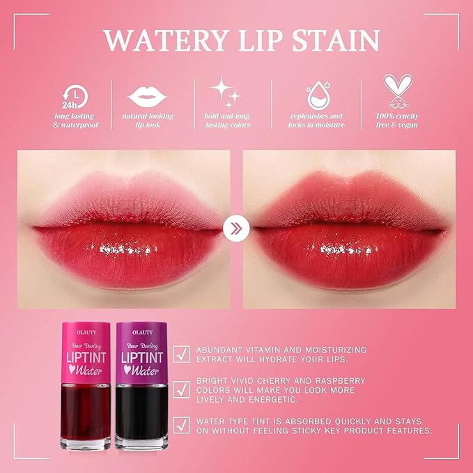 Lip Tint Stain Set, Korean Lip Tint Glossy Lip Stain Plumping Mini Liquid Lipstick, Multi-use Lip and Cheek Tint, Long-Wear Lip Stain Non-Stick Cup Lip Tint (Strawberry + Cherry)