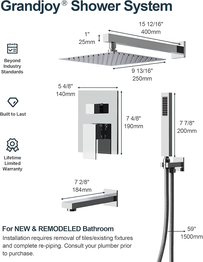 GRANDJOY 10" Shower Faucet Set with Tub Spount, High Pressure Rainfall Shower Head and Handheld Sprayer Combo, Bathroom Tub Shower Faucet Set, Polished Chrome